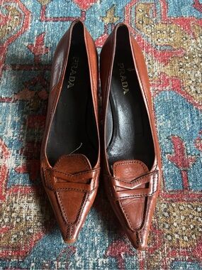 Prada Cognac Leather Pointed-Toe Loafers